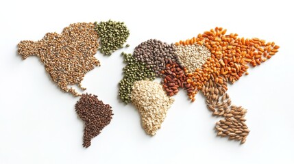 world map made of grains and grain seeds on a white background, symbolizing global food security and interconnected agriculture, highlighting the importance of sustainable farming practices