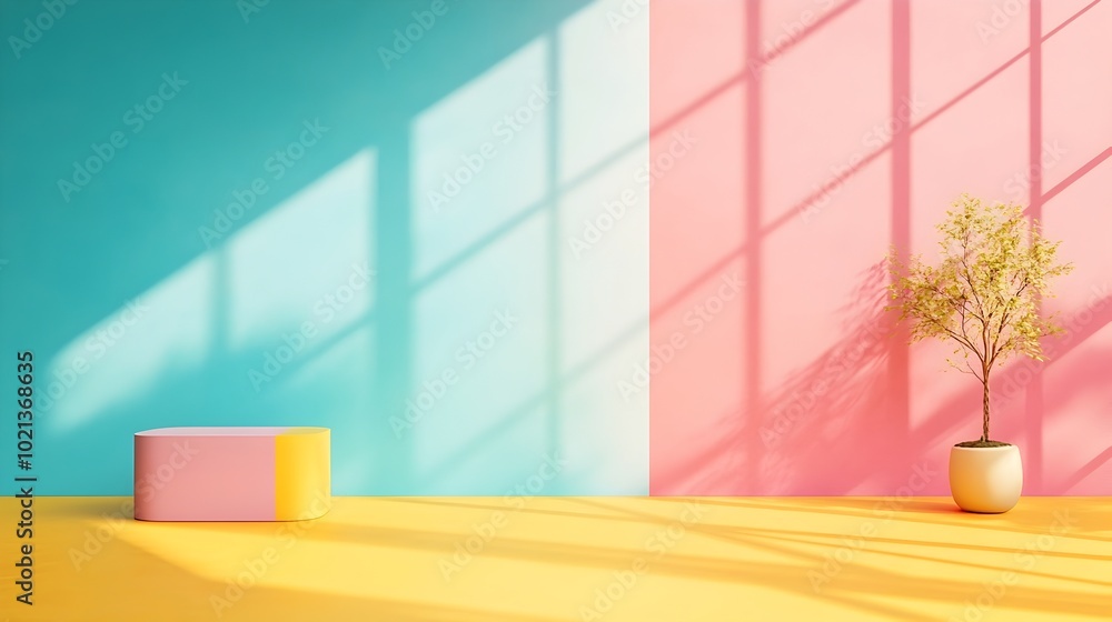 Poster minimalist 3d interior space with a multi hued color palette unoccupied floor and wall product displ