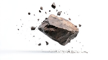 A floating rock surrounded by flying debris against a white background.