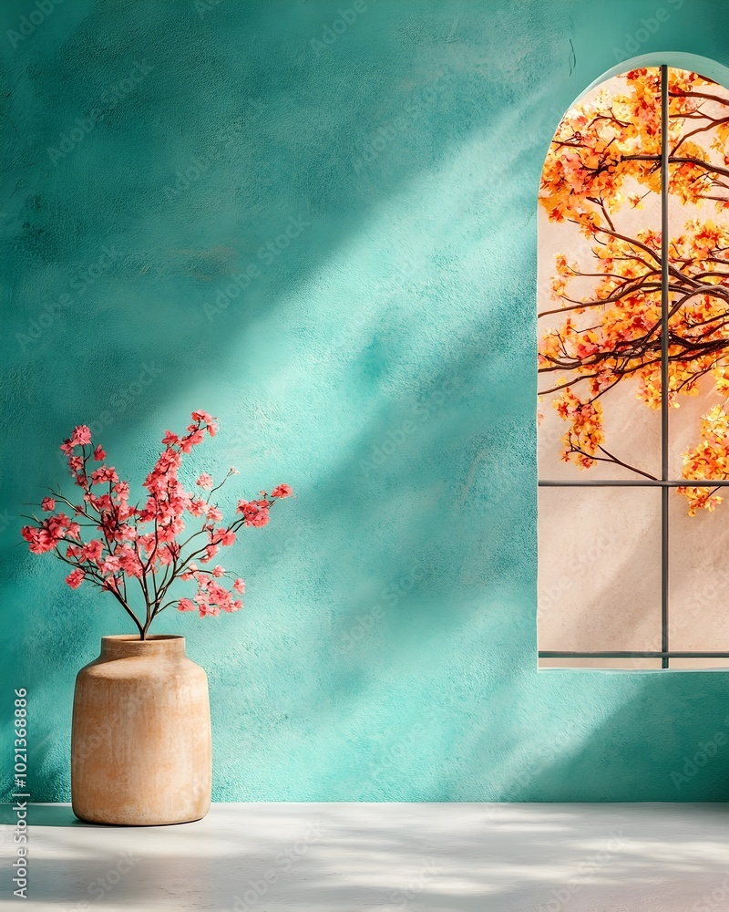 Poster minimalist and airy turquoise colored 3d studio interior with central product display stand and natu