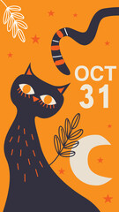 Stylized Halloween image featuring a black cat with big eyes, a striped tail, surrounded by stars, a crescent moon, and leaves on an orange background.