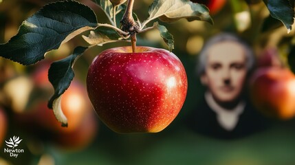 A bright apple falls from a branch in a scenic orchard, capturing nature's cycle