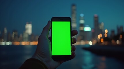 Hand gripping a smartphone displaying a green screen, with urban skyscrapers softly blurred behind
