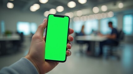 Hand gripping a smartphone displaying a vibrant green screen