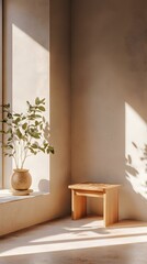 Minimalist Wooden Stool in a Sunny Room with a Plant