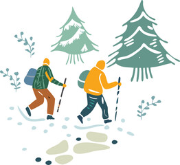 Fototapeta premium Couple Walking in Snowy Landscape with Trees Around