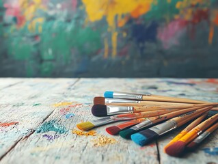 Fototapeta premium Vibrant paint brushes arranged on a wooden table, showcasing creativity and the art of painting against a colorful background.
