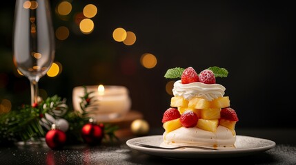 Obraz premium Pineapple pavlova with whipped cream, festive dessert