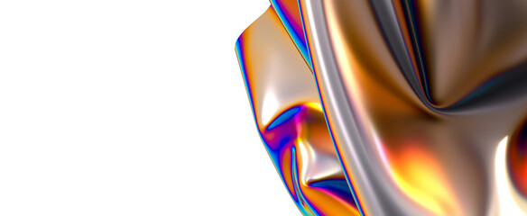 A vibrant iridescent fabric flows and drapes in a graceful wave