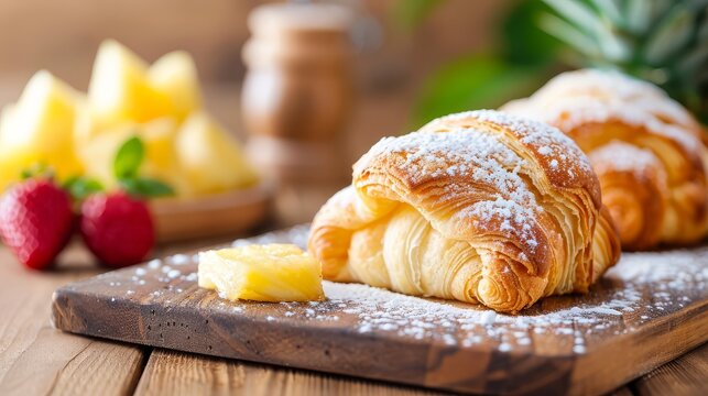 Pineapple pastry with powdered sugar, morning sunlight