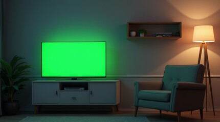 Nighttime cozy living room setting with soft lighting and a flat-screen TV glowing with a green display