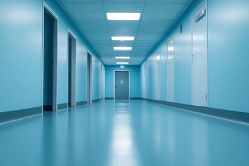 A Long Empty Hallway with Doors and Fluorescent Lights