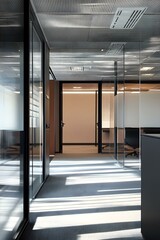 Modern Office Interior with Glass Walls and Metal Ceiling