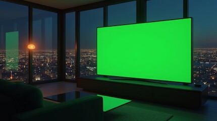 Nighttime View of a Stylish Living Room with City Skyline Backdrop