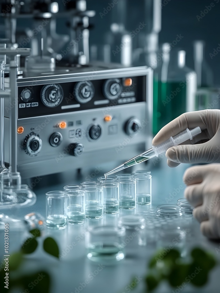 Poster close up view of a lab technician s hands carefully using a pipette to precisely dispense clear liqu