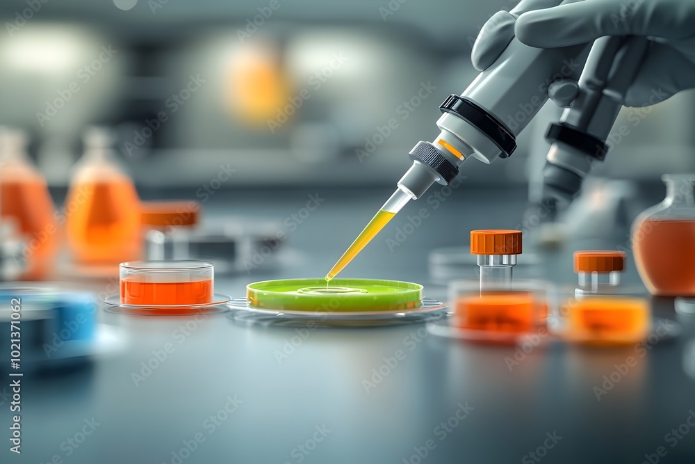 Poster skilled and focused lab technician carefully and precisely dispensing a striking lime tinged solutio