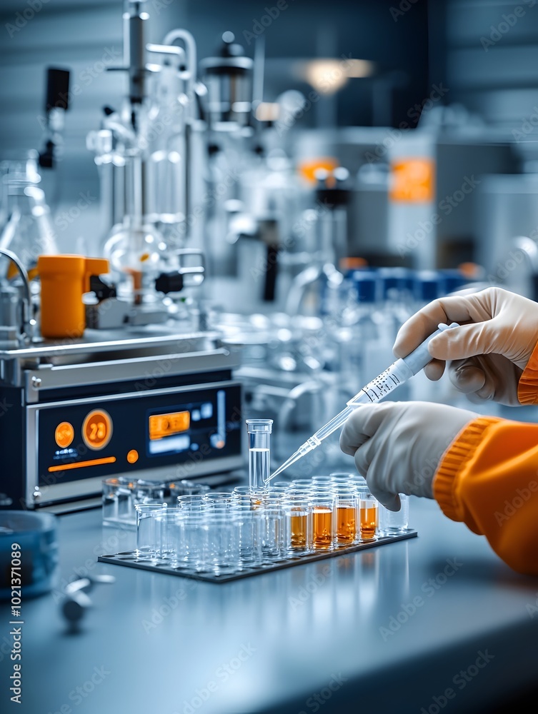 Poster close up view of a lab technician s hands carefully and precisely using a pipette to dispense clear 