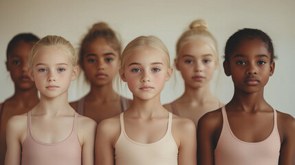 Obraz premium A group of young girls are standing in a line, all wearing pink tank tops