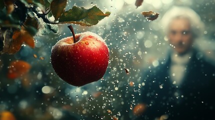 A bright red apple drips with water, suspended among leaves in a tranquil garden setting