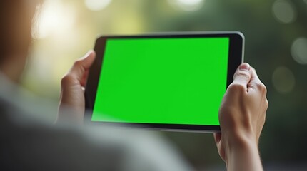 Person holding a tablet with a vibrant green screen in close-up view