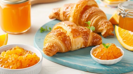 Orange marmalade spread on a croissant, breakfast scene
