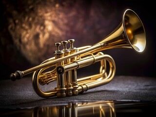 Obraz premium Elegant golden trumpet resting on a dark velvet surface, showcasing its intricate design and shine