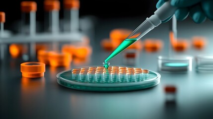 Macro shot of a laboratory professional delicately pipetting a vivid emerald colored liquid into pristine culture plates for detailed analysis in a clinical research setting