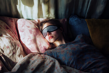 Fototapeta premium Woman sleeping with a sleep mask on, surrounded by soft pillows, and the early morning sun softly peeking through the curtains.