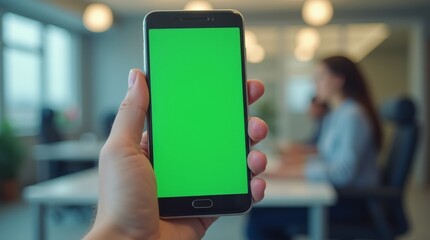 Person's hand showcasing a smartphone with a vivid green screen