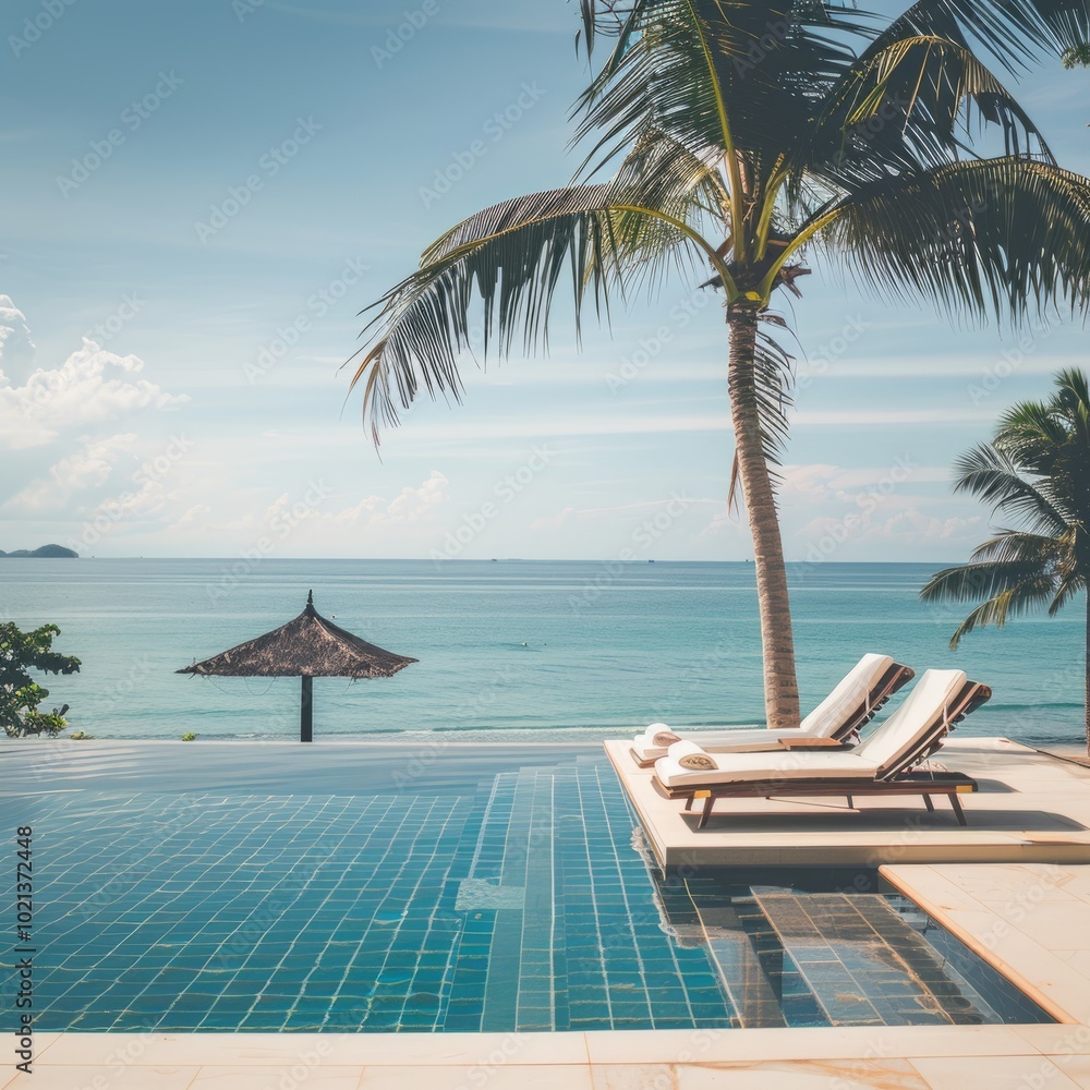 Poster A pool with a palm tree in the background and two lounge chairs on the deck