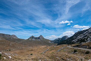 Durmitor, Montenegro, August 7, 2024. Durmitor National Park landscape. Twin peak of the Sedlena Greda