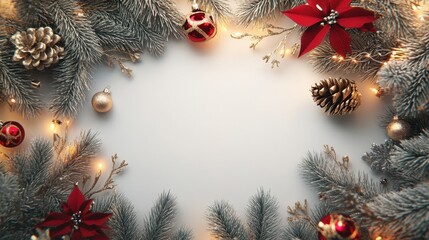 Fir tree Christmas frame, red gold Christmas decorations on white background. Copy space. New Year