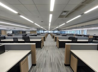 Fototapeta premium Modern Office Interior Design with Grey Carpet and Wooden Desks