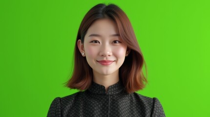 Smiling portrait of a young brunette woman with shoulder-length hair