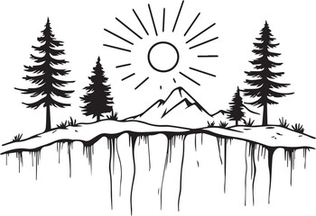 Mountain outline vector with the tree, Mountain range silhouette isolated vector illustration.