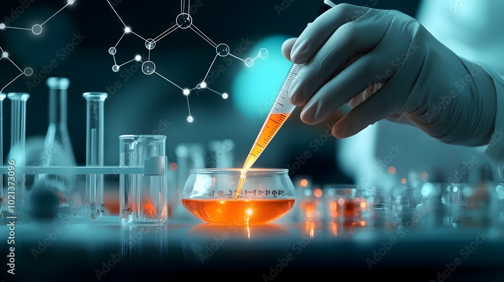 Poster focused and intense expression of a scientist carefully pipetting measured liquids for a vital scien
