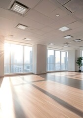 Modern Office Interior With Floor to Ceiling Windows and Sunlight