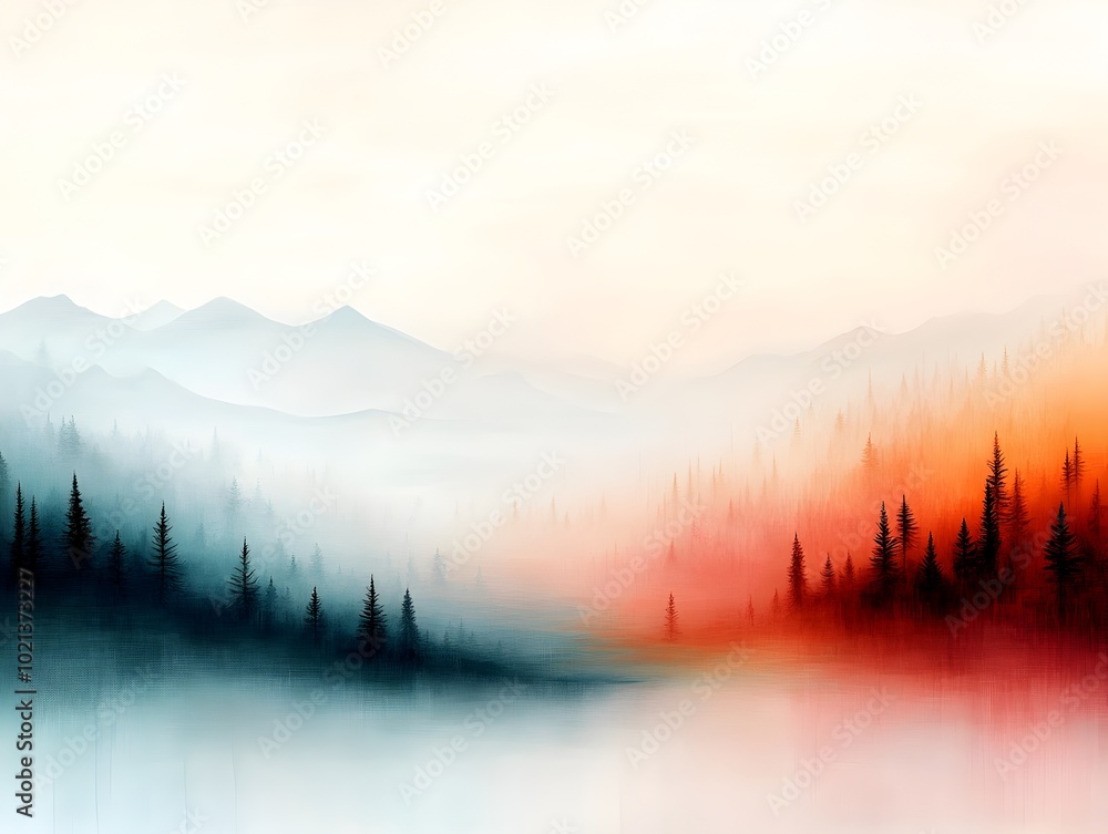 Poster meditative landscape composition featuring a harmonious arrangement of color fields in subdued natur