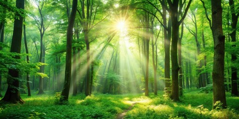 Obraz premium Sunbeams illuminating a path through a lush green forest, creating a magical and serene atmosphere
