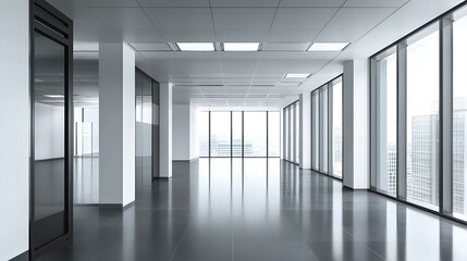 Fototapeta premium Modern Office Interior with Large Windows and City View