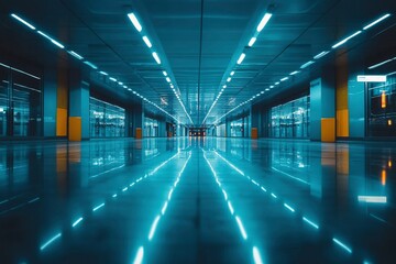 Fototapeta premium Empty, Neon-Lit Corridor in Modern Building