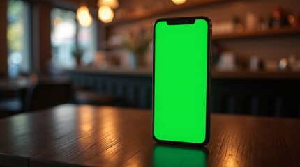 Upright Smartphone Displaying Neon Green Screen on Dark Wood Table