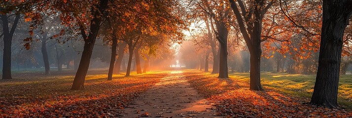 A sunlit path stretches under a canopy of golden-hued autumn trees, creating an inviting and warm scene that evokes feelings of tranquility and serenity.