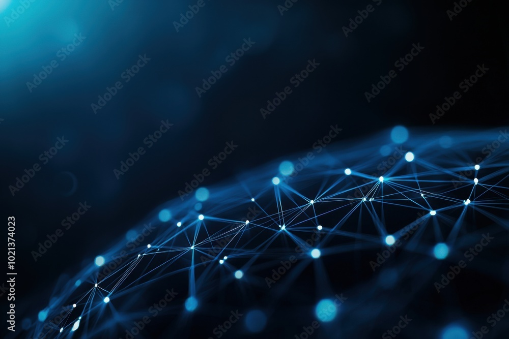 Fototapete abstract digital network with glowing nodes and connections on dark background.