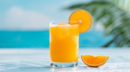 Fototapeta premium A vibrant orange mocktail with a tropical background