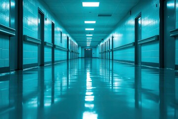 Fototapeta premium Empty Hospital Corridor with Fluorescent Lights and Reflective Floor
