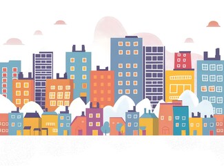 Colorful Cityscape Illustration with Buildings and Clouds