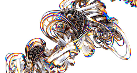 A vibrant iridescent fabric flows and drapes in a graceful wave