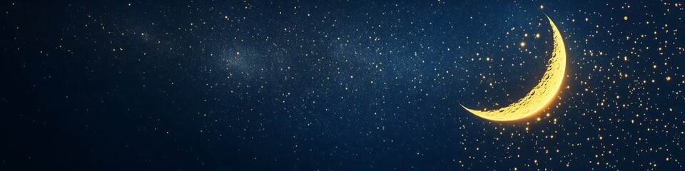Naklejka premium A dark, starry night with a glowing crescent moon and a large text area
