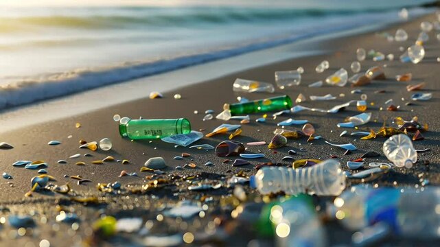 Littered beach with plastic waste and debris, highlighting environmental pollution issues.